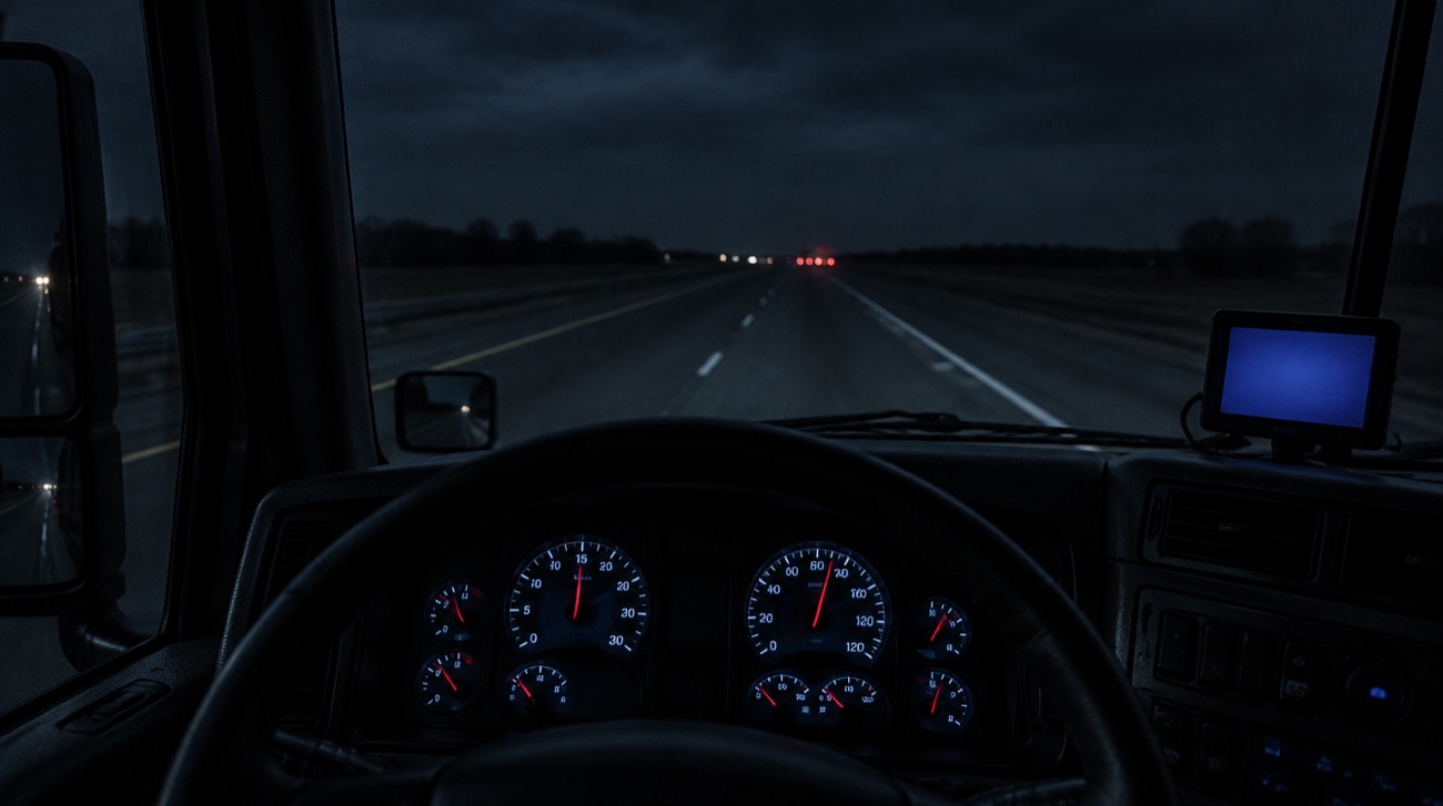 The lit instrument cluster of a truck cab at night.