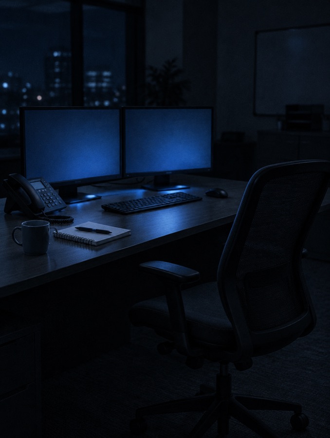 A night operations desk with screens and a phone.