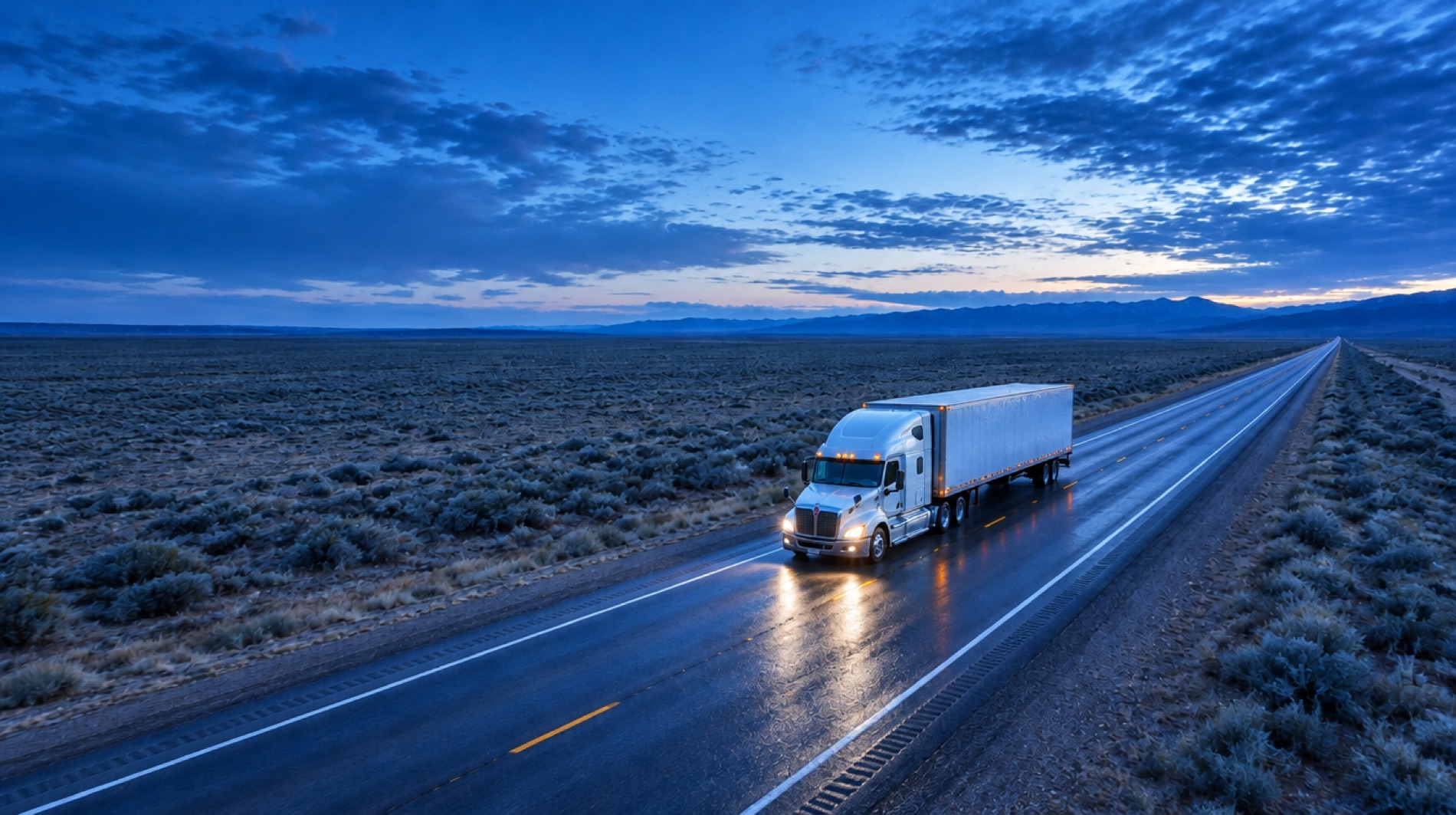 A tractor trailer running an empty interstate at first light.